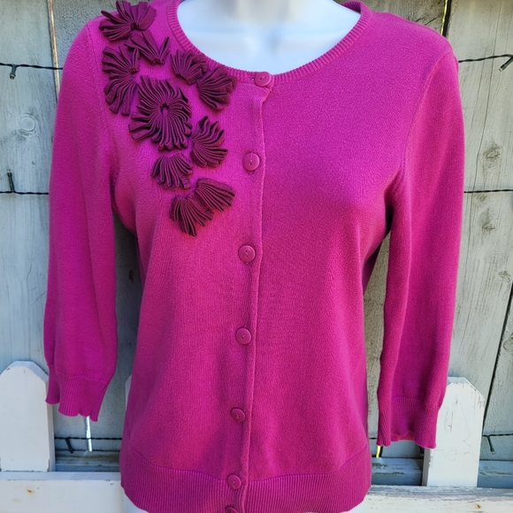 Anthropology Tabitha BarbieCore Fuscia Button Down Embellished Cardigan - Picture 1 of 8